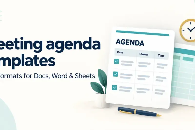 Meeting agenda template with item, owner and time columns beside a spreadsheet and clock, illustrating free formats for Docs, Word and Sheets.