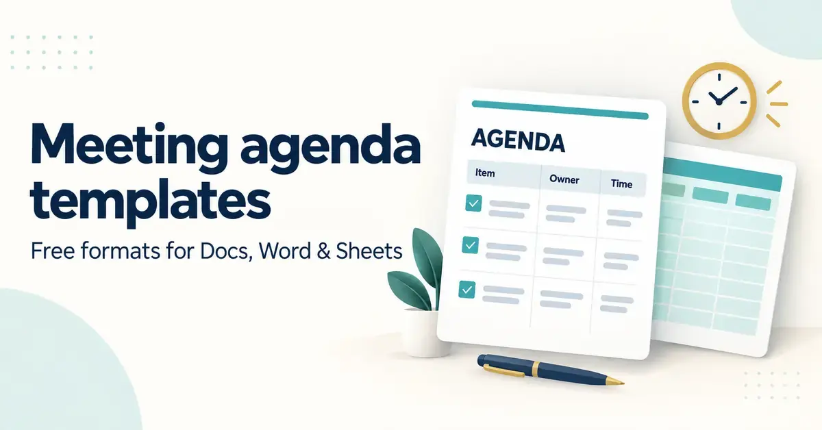 Meeting agenda template with item, owner and time columns beside a spreadsheet and clock, illustrating free formats for Docs, Word and Sheets.