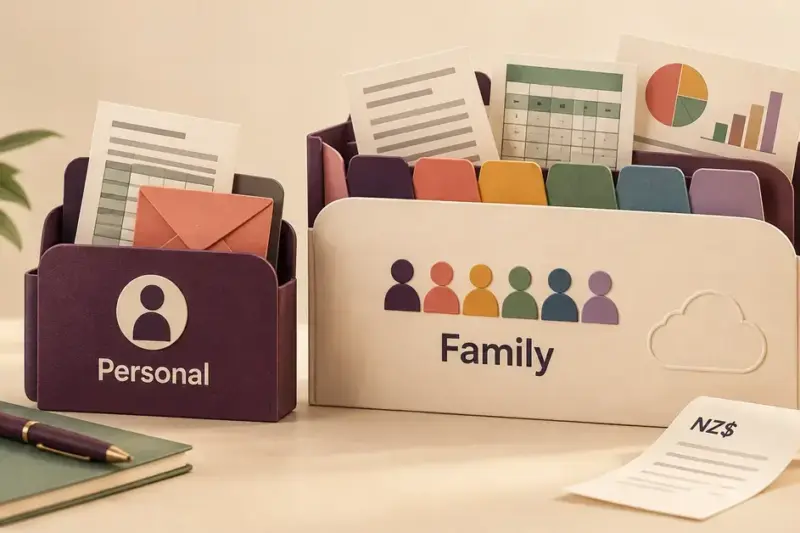 Paper organisers labelled Personal and Family, with individual profile tabs, office documents and an NZ$ budget slip, represent Microsoft 365 home subscription choices in New Zealand.
