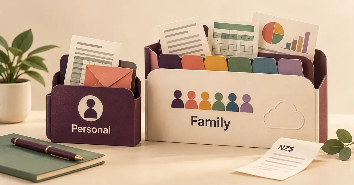 Paper organisers labelled Personal and Family, with individual profile tabs, office documents and an NZ$ budget slip, represent Microsoft 365 home subscription choices in New Zealand.