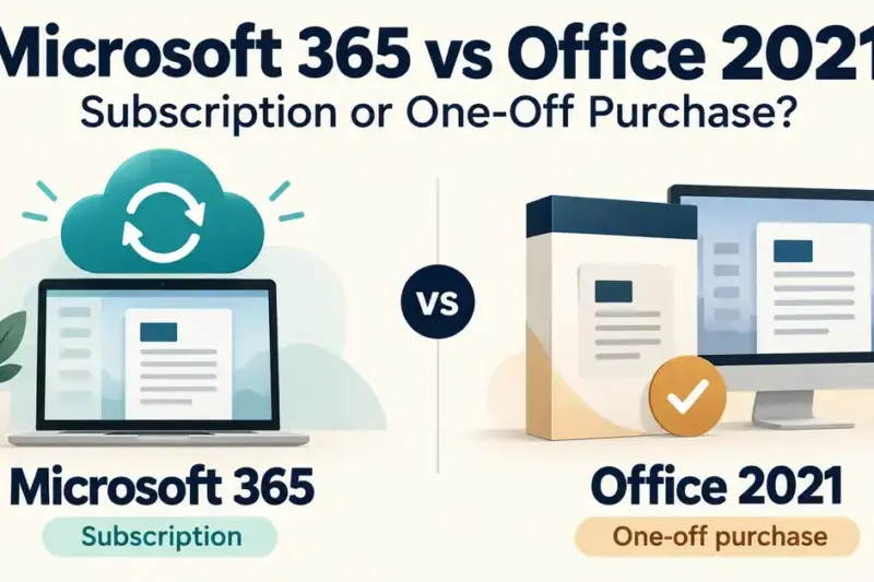 A comparison of Microsoft 365 subscription and Office 2021 one-off purchase, illustrated with a cloud and laptop beside a software box and desktop monitor.