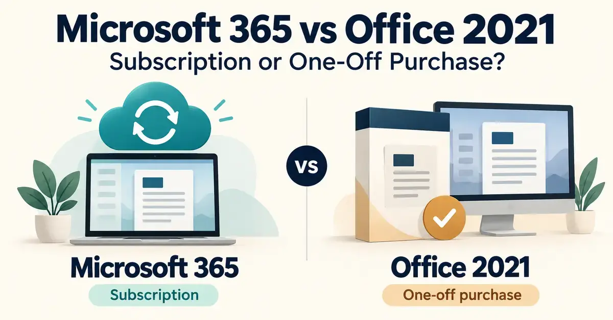 A comparison of Microsoft 365 subscription and Office 2021 one-off purchase, illustrated with a cloud and laptop beside a software box and desktop monitor.