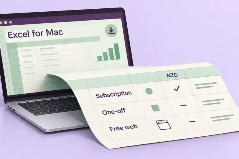 A silver laptop displaying Excel for Mac with a folded spreadsheet showing subscription, one-off purchase and free web options in New Zealand dollars.