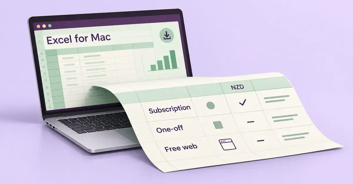 A silver laptop displaying Excel for Mac with a folded spreadsheet showing subscription, one-off purchase and free web options in New Zealand dollars.