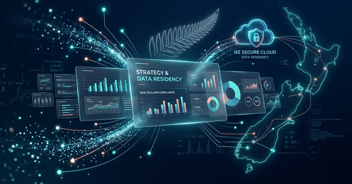 A modern 3D graphic showing digital presentation slides, AI data streams, and secure cloud storage, featuring a stylized silver fern representing New Zealand data residency.