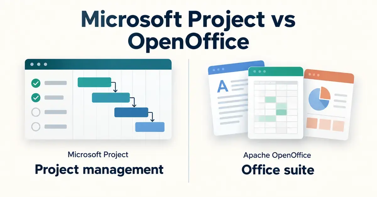A comparison of Microsoft Project’s task schedule and Apache OpenOffice’s document, spreadsheet and presentation tools, labelled project management and office suite.