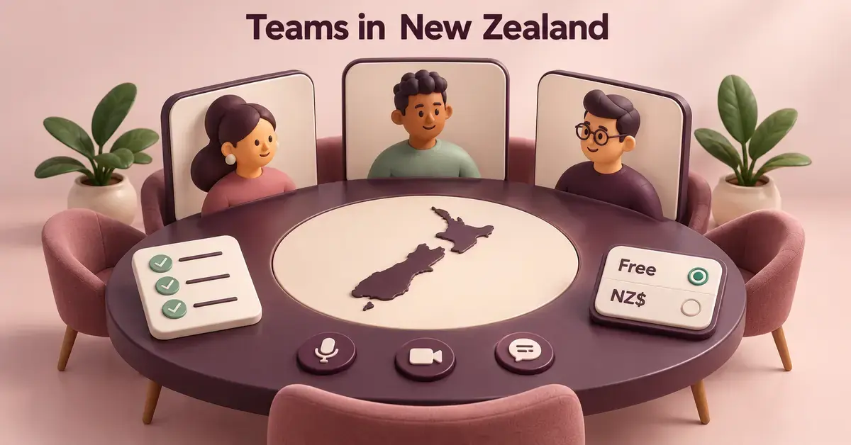 Illustration of three video-call participants around a table featuring a New Zealand map, meeting controls, a setup checklist and free or NZ-dollar plan options.