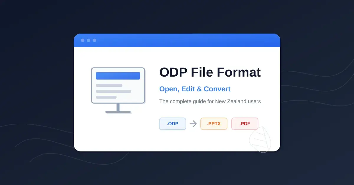 An illustration of an ODP presentation slide with conversion options to PPTX and PDF formats, created for a guide on opening, editing, and converting ODP files in New Zealand.