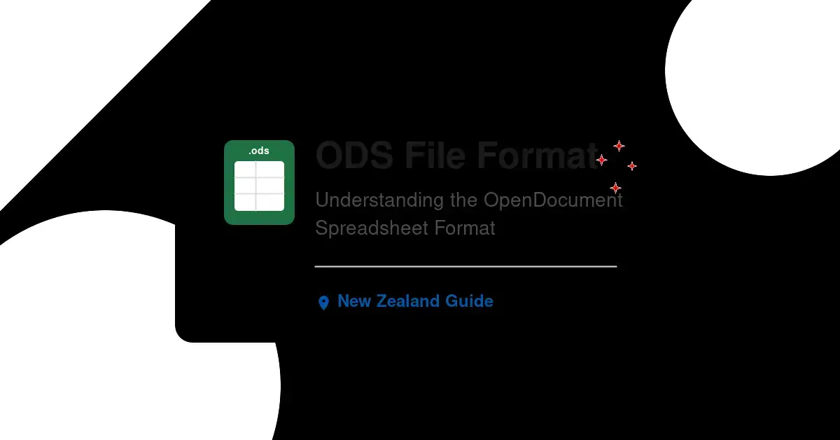 A modern graphic illustrating the OpenDocument Spreadsheet format with a New Zealand guide label and a stylized spreadsheet document.