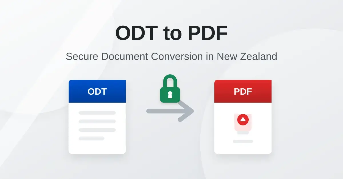 A modern graphic illustrating secure ODT to PDF document conversion, featuring ODT and PDF document icons connected by an arrow and a security padlock.