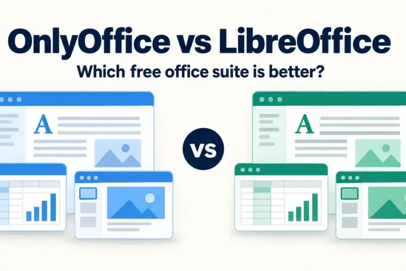 A side-by-side comparison graphic for OnlyOffice and LibreOffice, showing blue and green document, spreadsheet and presentation windows beneath the question, “Which free office suite is better?”