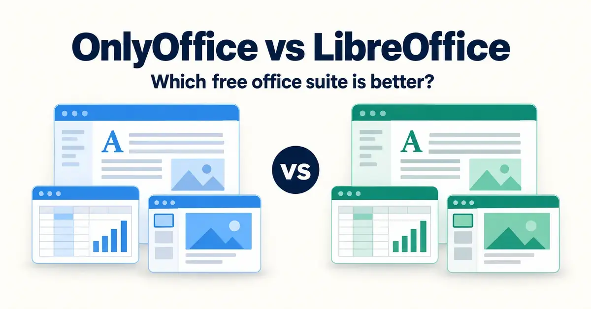 A side-by-side comparison graphic for OnlyOffice and LibreOffice, showing blue and green document, spreadsheet and presentation windows beneath the question, “Which free office suite is better?”