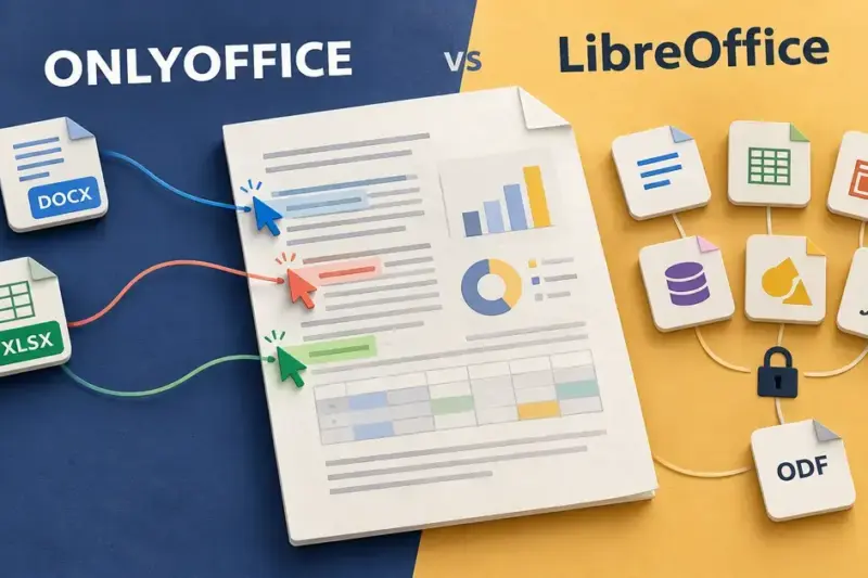 Illustration comparing ONLYOFFICE’s collaborative document editing and Microsoft file formats with LibreOffice’s six office tools and local OpenDocument workflow.