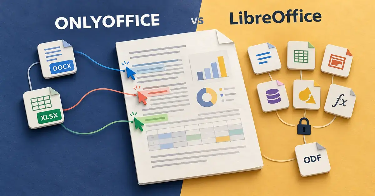Illustration comparing ONLYOFFICE’s collaborative document editing and Microsoft file formats with LibreOffice’s six office tools and local OpenDocument workflow.