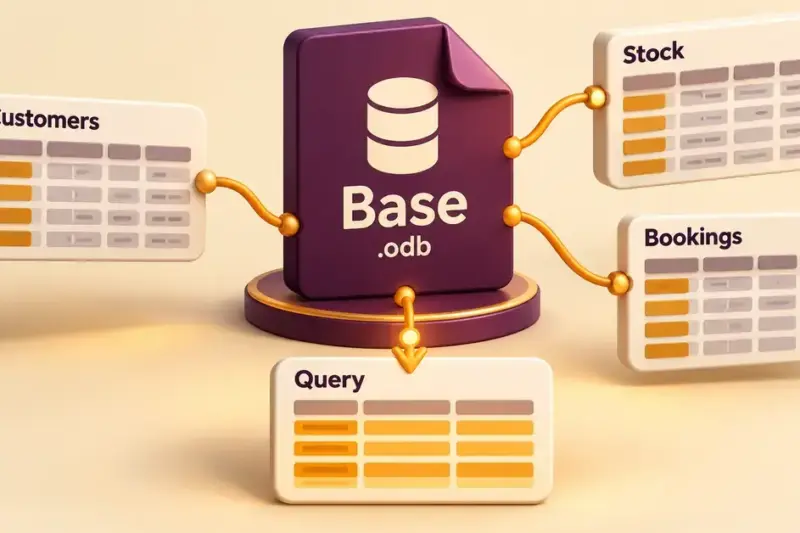 Illustration of an OpenOffice Base .odb file connected to customer, stock and booking tables, with a query result below.