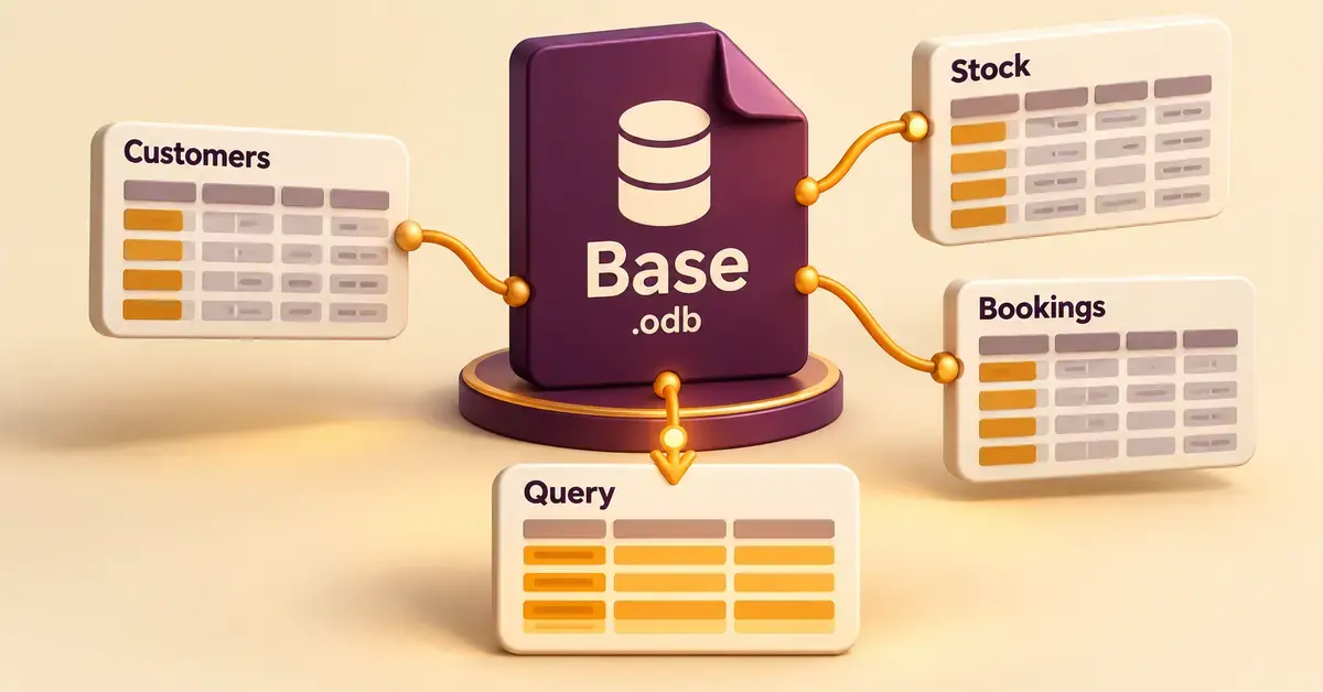 Illustration of an OpenOffice Base .odb file connected to customer, stock and booking tables, with a query result below.