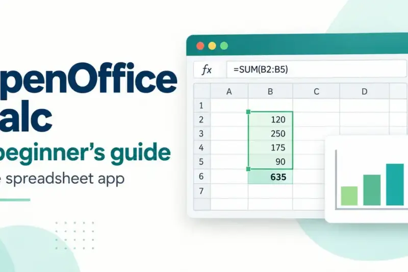OpenOffice Calc beginner’s guide graphic showing a spreadsheet with selected cells, a sum formula and a green bar chart.