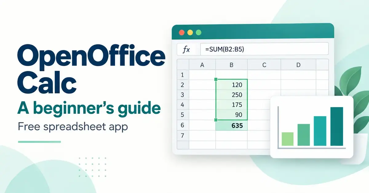 OpenOffice Calc beginner’s guide graphic showing a spreadsheet with selected cells, a sum formula and a green bar chart.