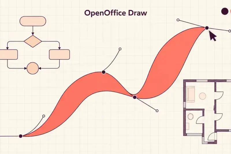 Illustration of an OpenOffice Draw canvas with an editable coral vector curve, a flowchart and a floor plan.