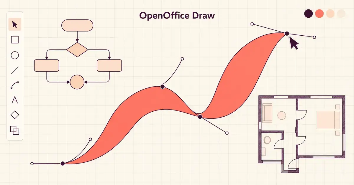 Illustration of an OpenOffice Draw canvas with an editable coral vector curve, a flowchart and a floor plan.