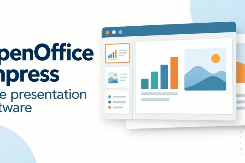OpenOffice Impress free presentation software graphic showing a stylised slide editor with thumbnails, a bar chart and an illustrated landscape.
