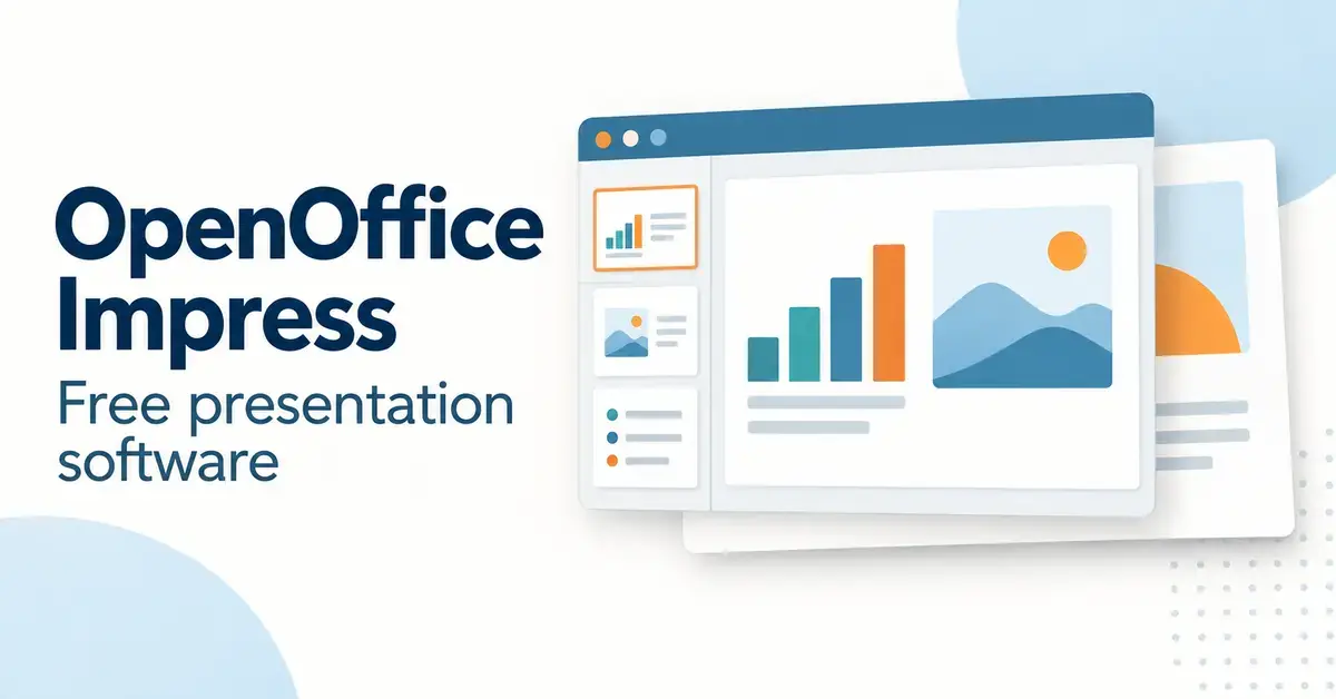 OpenOffice Impress free presentation software graphic showing a stylised slide editor with thumbnails, a bar chart and an illustrated landscape.