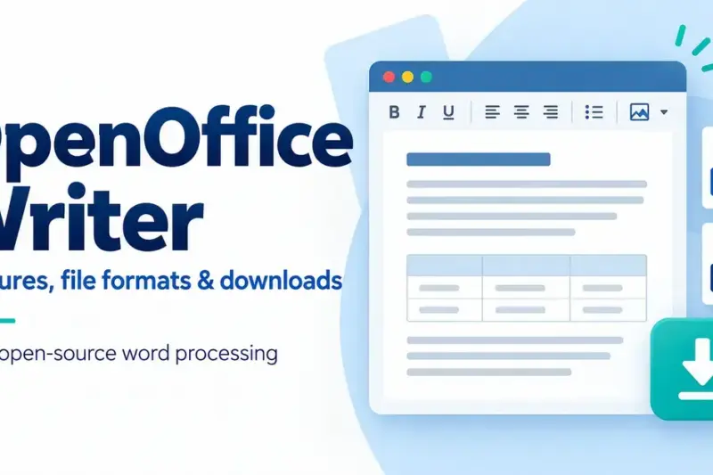 OpenOffice Writer graphic showing a document editing window, ODT and DOC file icons, and a download arrow beside text about features, file formats and downloads.