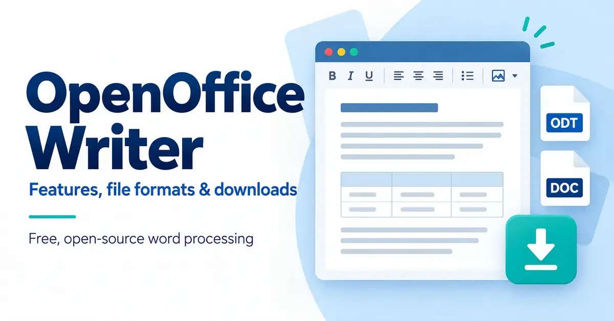 OpenOffice Writer graphic showing a document editing window, ODT and DOC file icons, and a download arrow beside text about features, file formats and downloads.