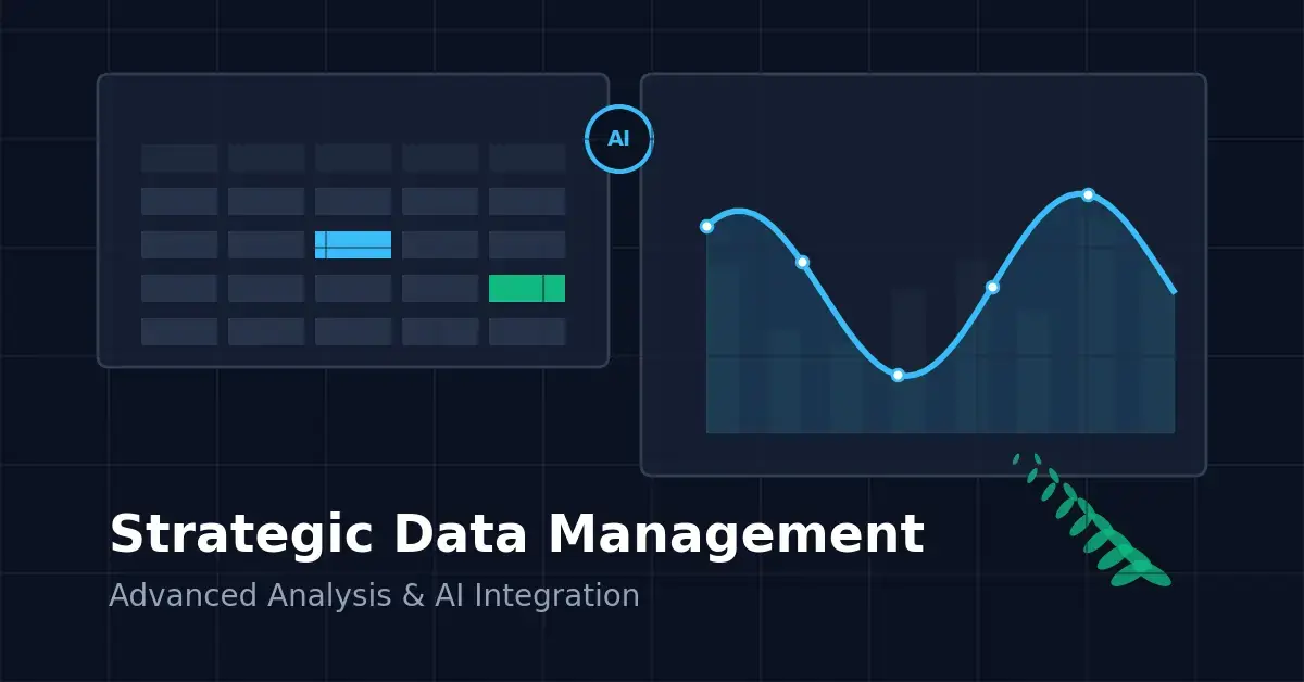 A modern, abstract graphic illustrating strategic data management and analysis with spreadsheet grids, charts, and a subtle New Zealand fern motif.