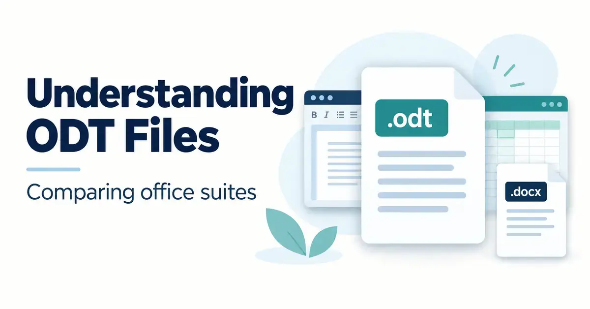 ODT and DOCX document illustrations beside generic office application windows, with the heading Understanding ODT Files and subtitle Comparing office suites.
