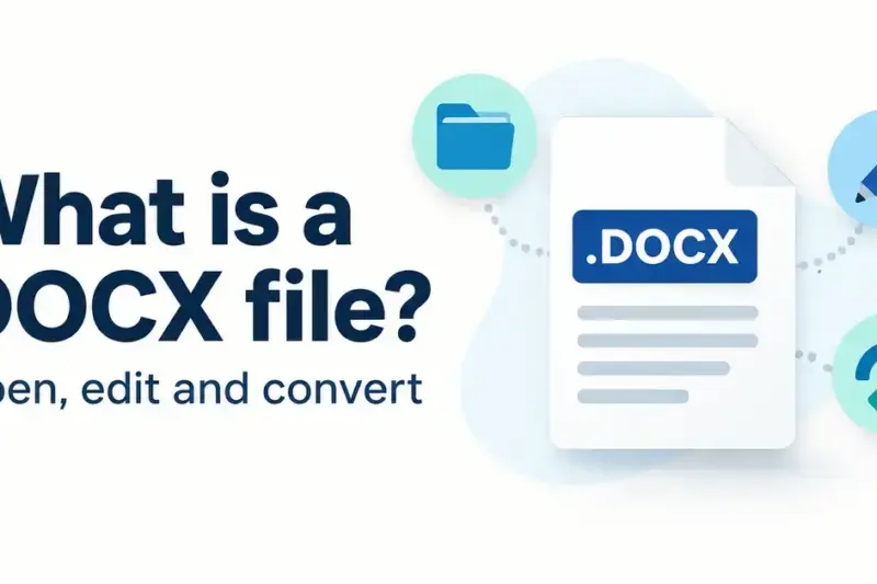 A DOCX document with folder, pencil and conversion icons beside the text “What is a DOCX file? Open, edit and convert”.