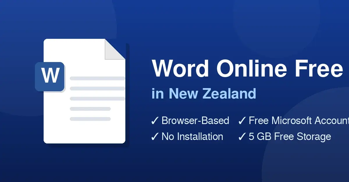 A modern graphic illustrating Word Online Free in New Zealand, featuring a stylized browser document alongside key benefits like no installation and free cloud storage.