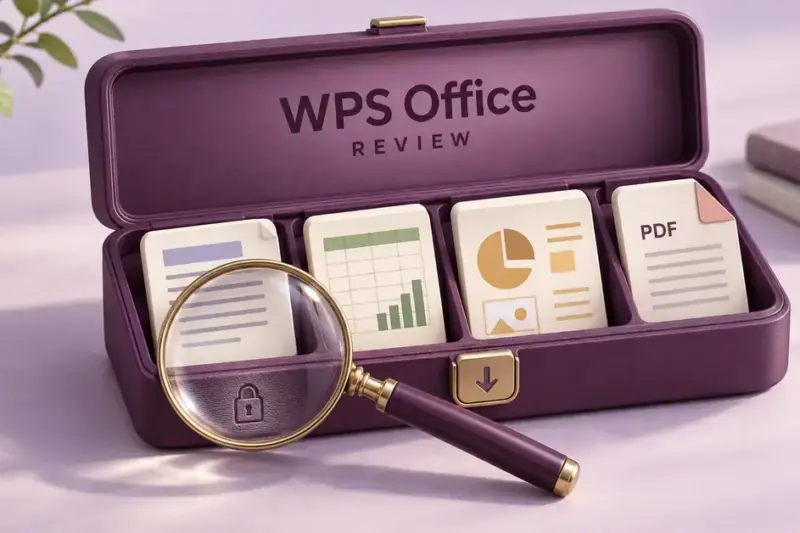 Illustration of a WPS Office toolkit containing document, spreadsheet, presentation and PDF panels, with a magnifying glass over a padlock and a download arrow on the clasp.