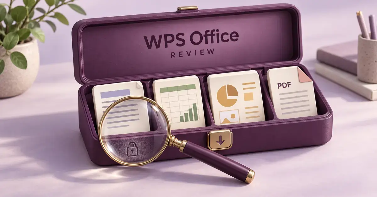 Illustration of a WPS Office toolkit containing document, spreadsheet, presentation and PDF panels, with a magnifying glass over a padlock and a download arrow on the clasp.