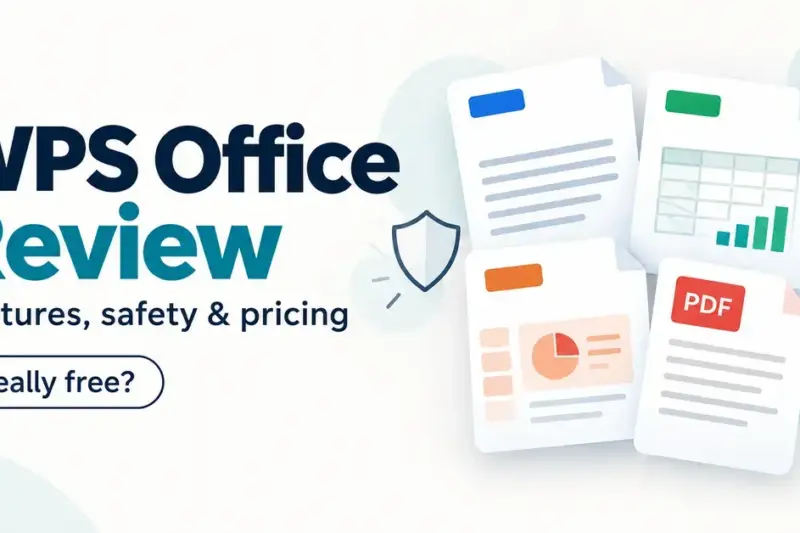 WPS Office review graphic with document, spreadsheet, presentation and PDF illustrations, plus shield and price tag symbols highlighting features, safety and pricing.