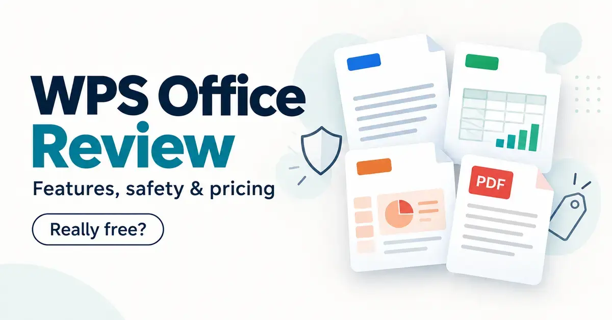 WPS Office review graphic with document, spreadsheet, presentation and PDF illustrations, plus shield and price tag symbols highlighting features, safety and pricing.